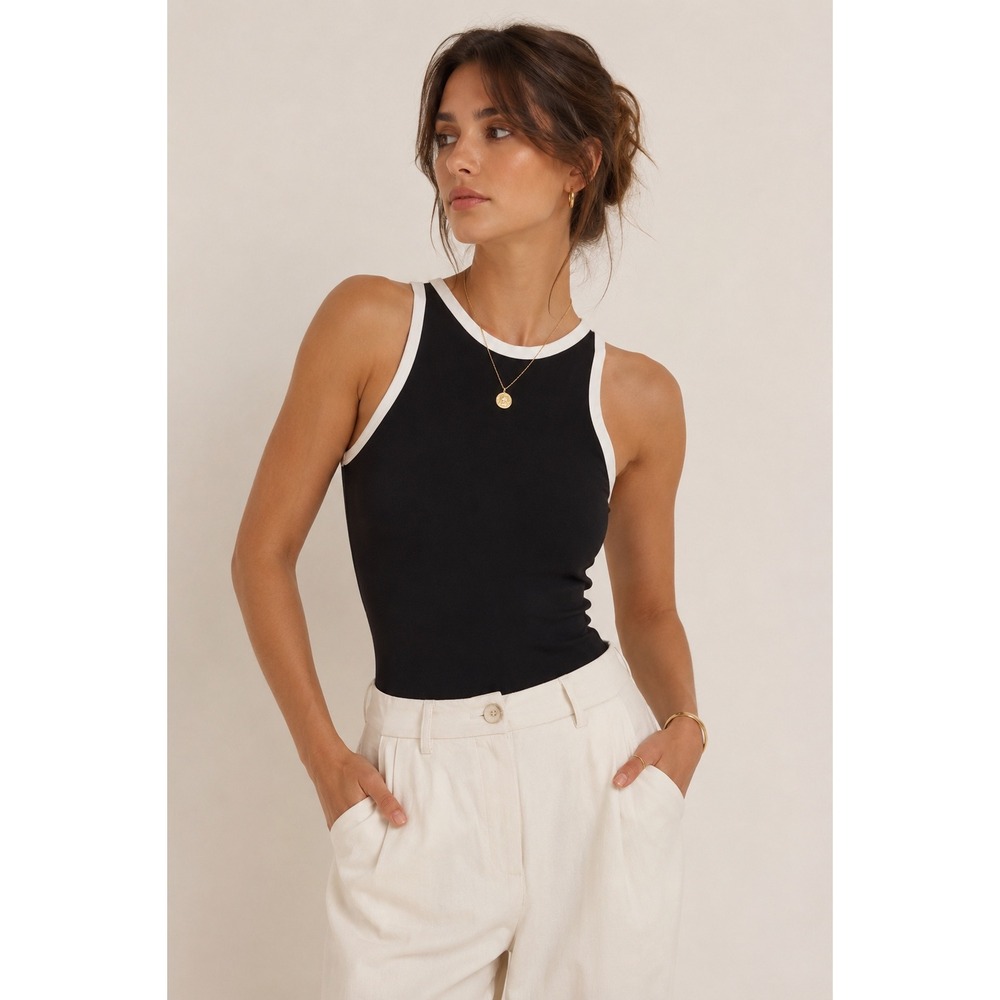 Flair Paris Black White Ringer Bodysuit High Neck Sleeveless Made in France 36